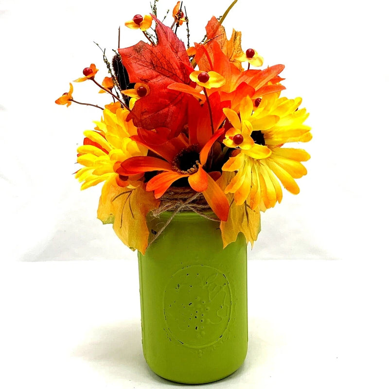 Fall Floral Arrangement Artificial Flowers Autumn Sunflowers Green Ball Jar Vase Sunflower