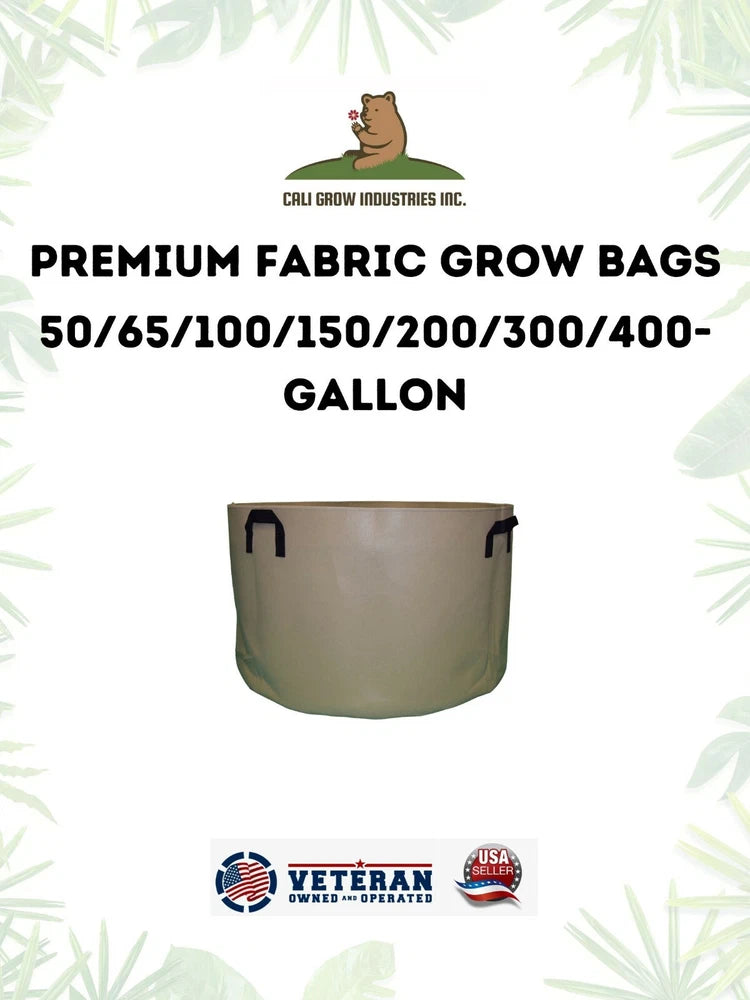 Tan fabric grow bag with reinforced top handles