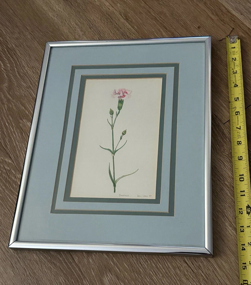 Vintage 1977 Dru Leon Signed Botanical Print "Dianthus" Carnation Framed Art Carnation