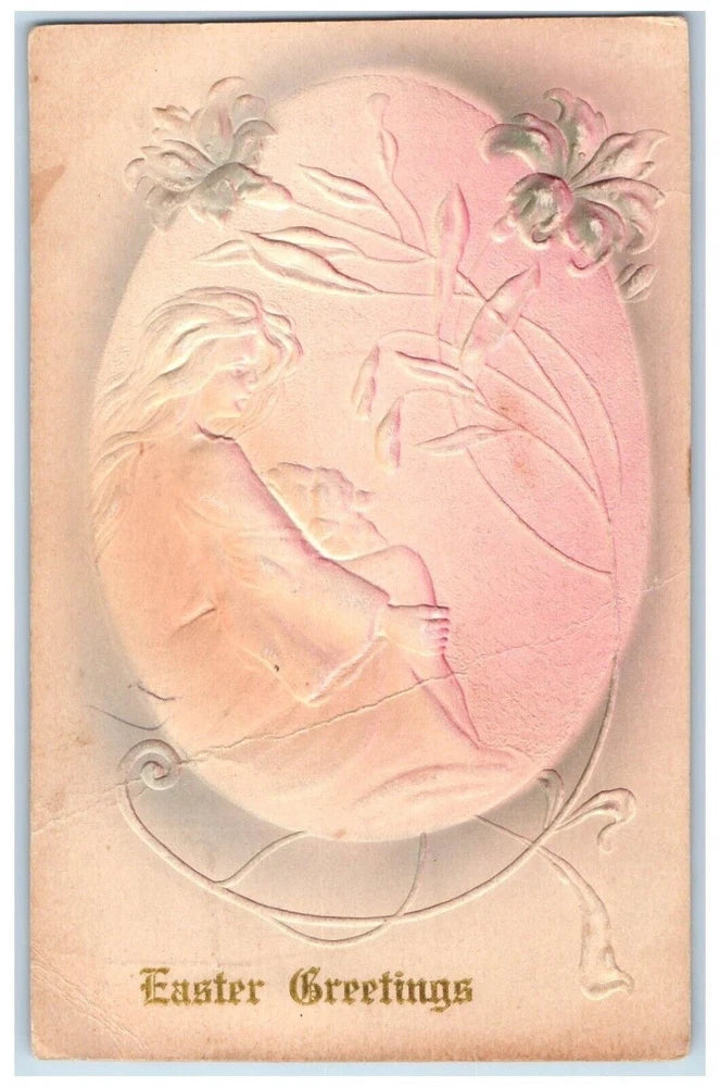 Embossed Easter Greetings postcard with girl and lily flowers in an oval egg design