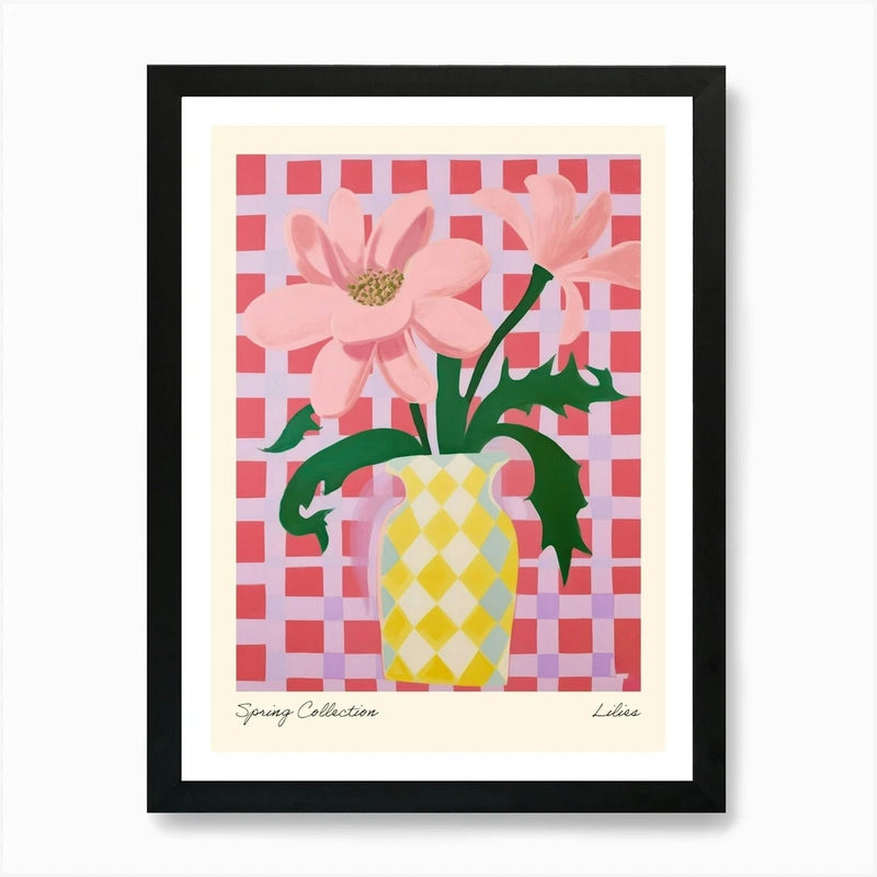 Framed wall art print with pink lily flowers in a yellow diamond-pattern vase