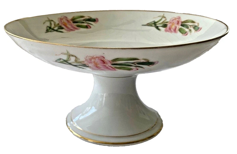 Victorian porcelain compote with pink carnation flowers and gold trim on pedestal