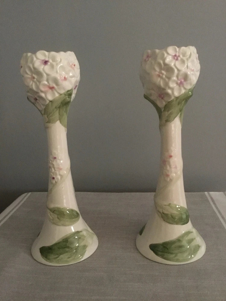BloomingdaleÕs tall hydrangea porcelain candlestick holders made in Portugal Two Hydrangea