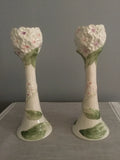 BloomingdaleÕs tall hydrangea porcelain candlestick holders made in Portugal Two Hydrangea