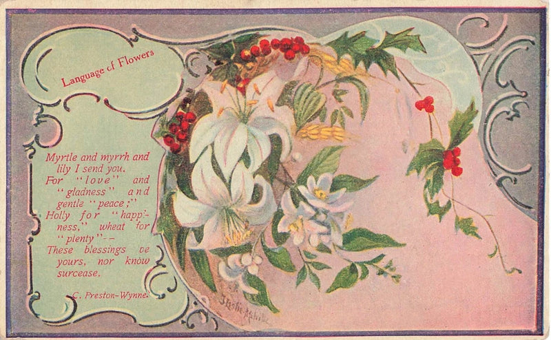 Vintage floral postcard with white lily blossoms, holly berries, and ornate border