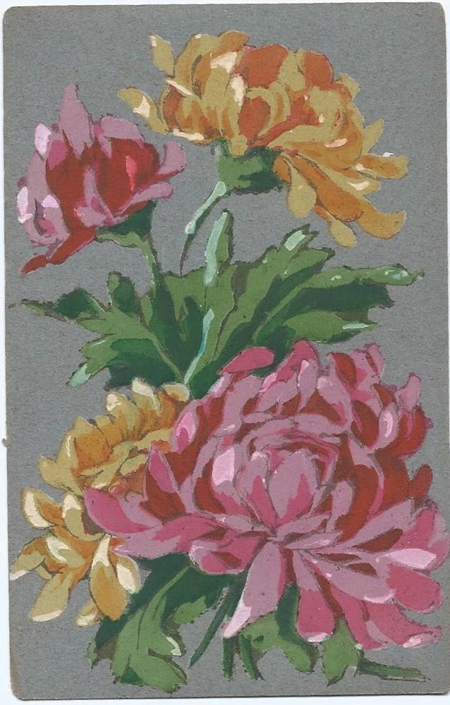 Unposted carnation flower postcard with pink and yellow blooms on a gray card