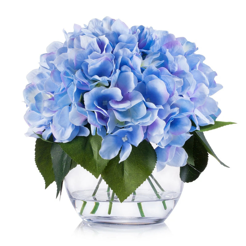 Silk Hydrangea Artificial Flower Arrangement in Clear White Vase with Faux Water Hydrangea