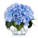 Silk Hydrangea Artificial Flower Arrangement in Clear White Vase with Faux Water Hydrangea