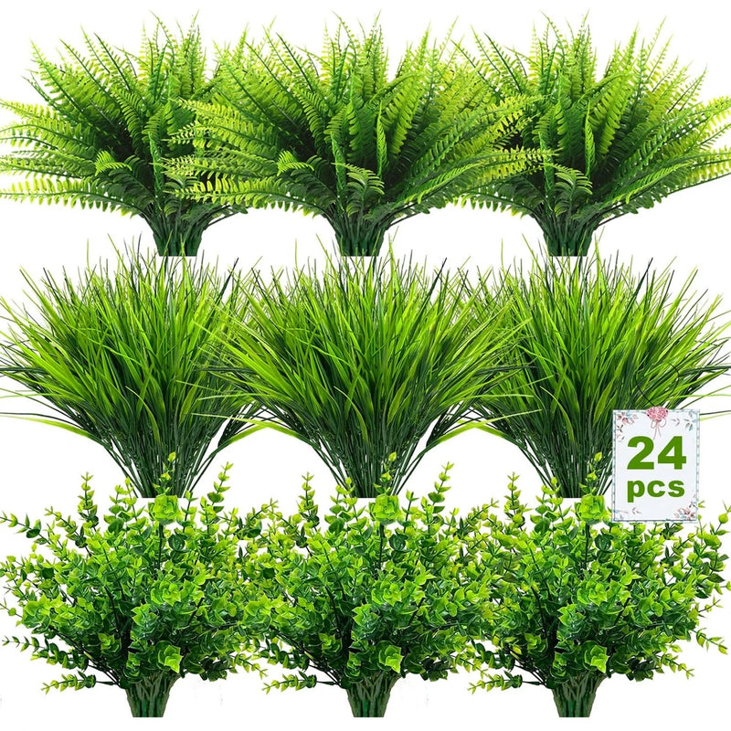 24 Bundles Artificial Plants, Fake Boston Fern Grass Eucalyptus Greenery Outd... Green Plant