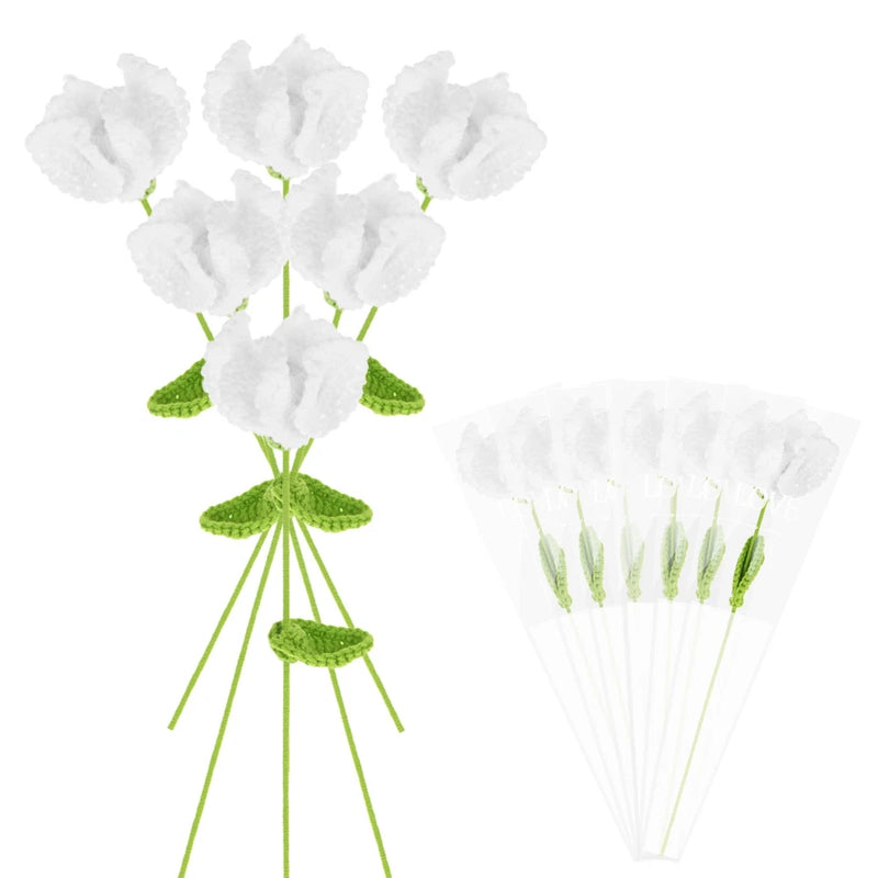 6-Pack Crochet Flowers, Knitted Artificial Wool Carnation [White] Carnation