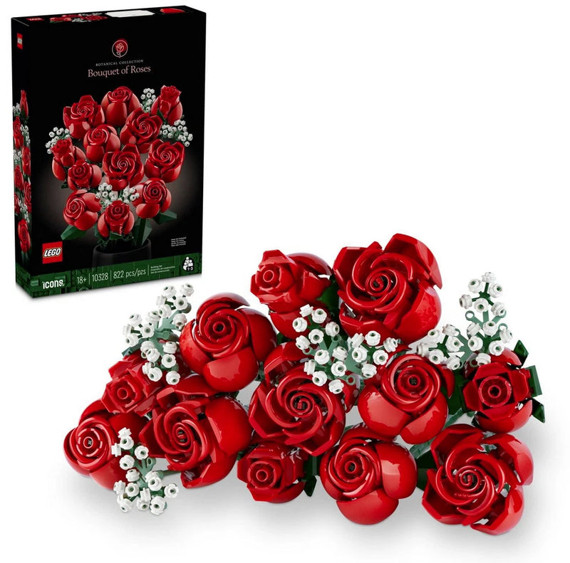 Red LEGO rose bouquet with spiral blossoms and white buds, faux flowers display set