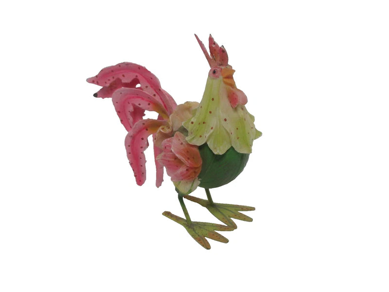 Rooster figurine with colorful flowers, green and pink body, on leaf base
