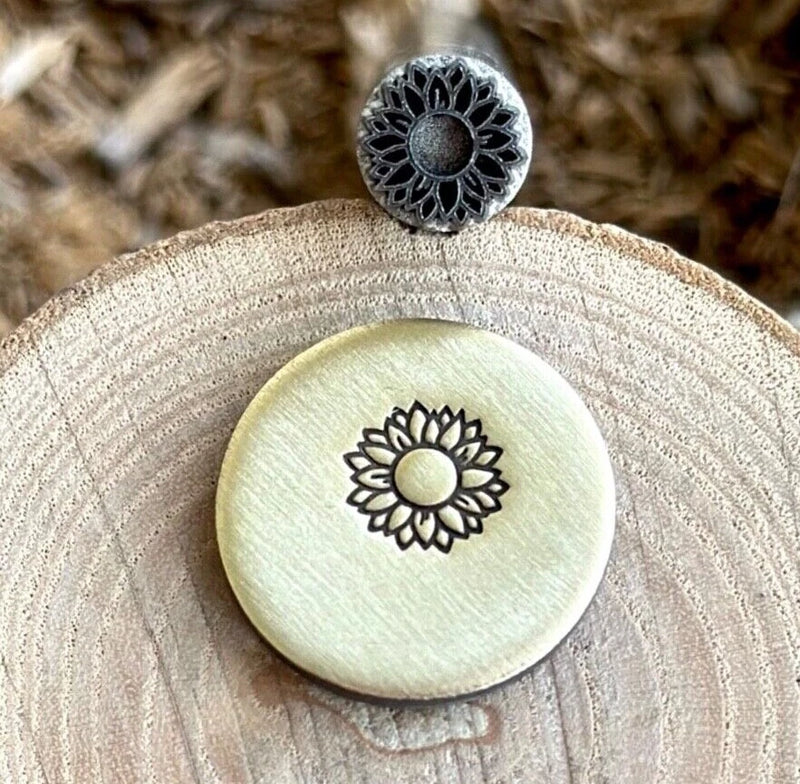 Sunflower metal stamp marking tool with circular flower die and black stamp head