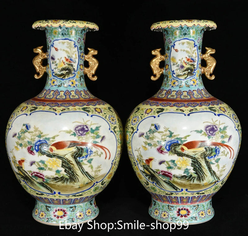 20.4" Qianlong Enamel Colour Porcelain Gilt Peony Flower Bird Bottle Vase Pair Peony