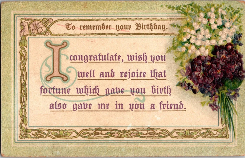 Vintage Birthday Postcard Embossed Floral Lily of the Valley Violets Germany Lily