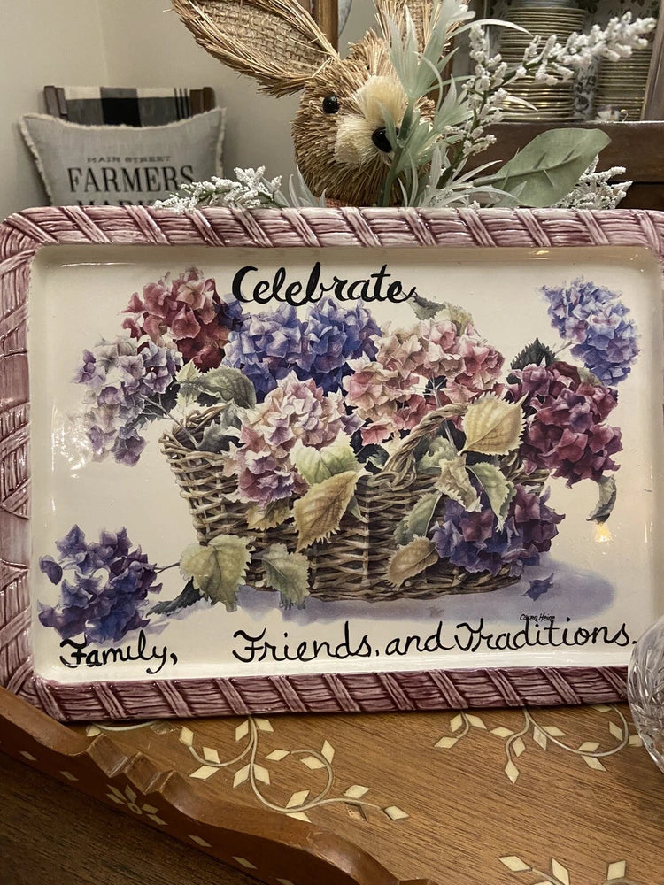 Basket of Hydrangeas by Caren Heine Ceramic Platter Farmhouse Cottage Core Hydrangea