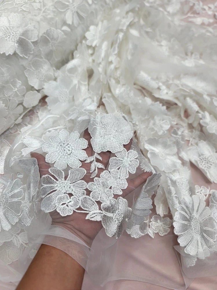 White Bridal Lace Fabric by the Yard - 3D Floral Embroidery on Mesh for Wedding Flowering Plants