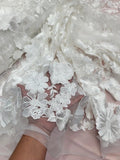 White Bridal Lace Fabric by the Yard - 3D Floral Embroidery on Mesh for Wedding Flowering Plants