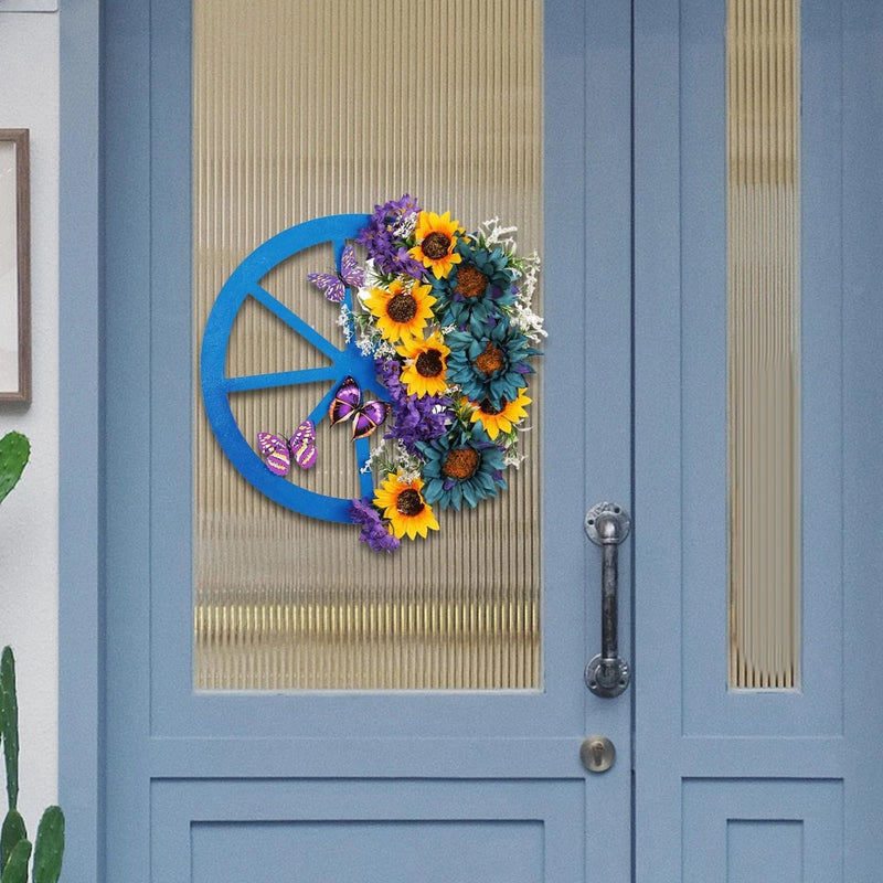 Artificial sunflower wreath with blue ribbon, purple and yellow faux blooms