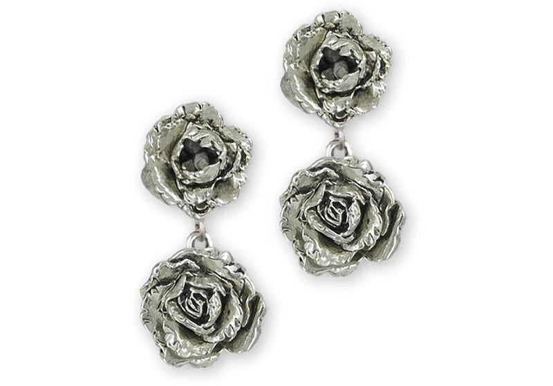 Sterling silver peony flower drop earrings with textured floral studs