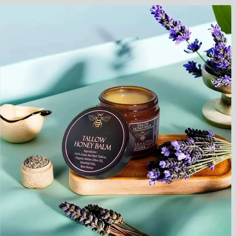 Natural lavender honey balm body cream jar with round label, topped with honey-colored balm