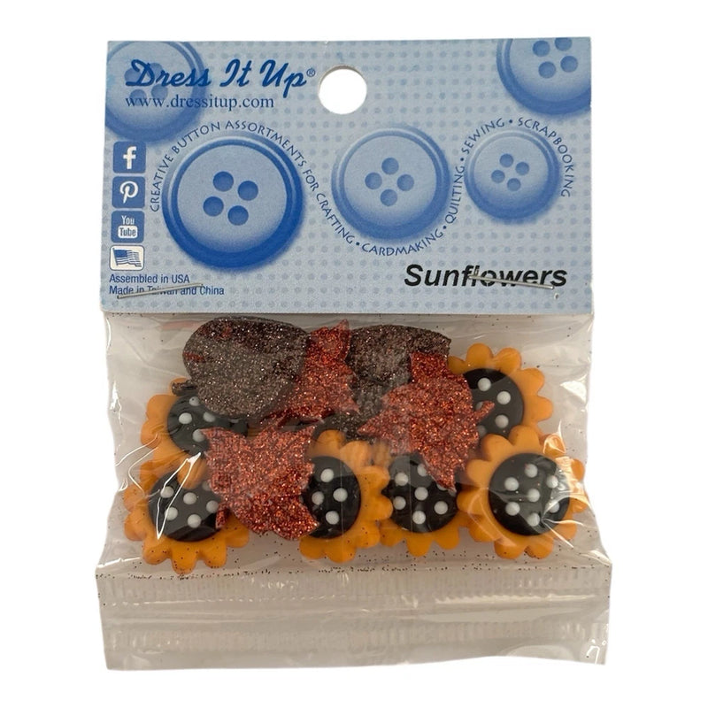 Dress It Up Sunflowers 11 Buttons - Fall Flower Polka Dot Glitter Leaves 006 Sunflower