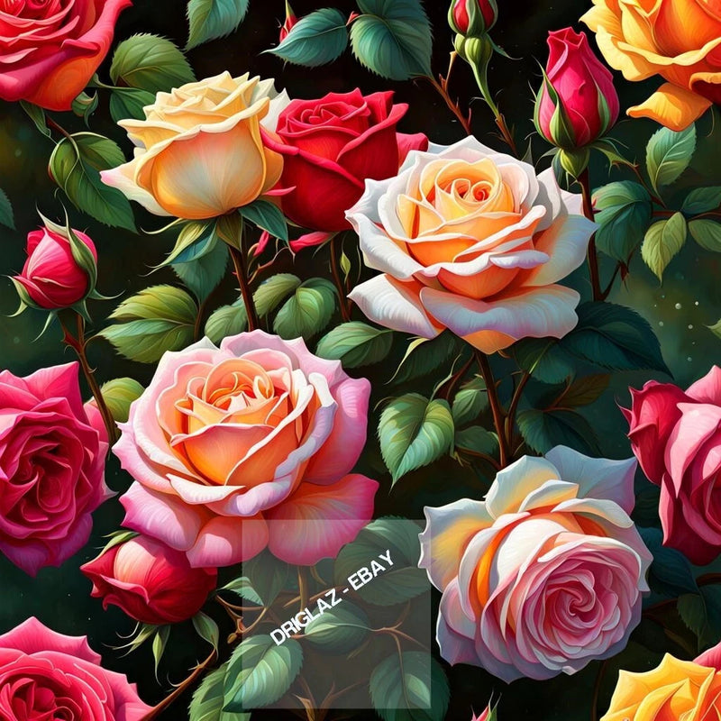 Roses art print with pink, red, and yellow blooms and green leaves