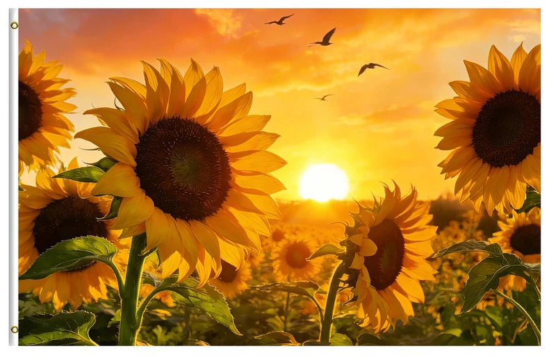 Sunflower floral landscape wall art print with large sunflowers and sunset sky