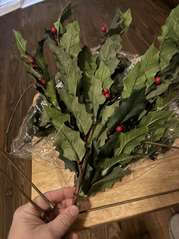 Artificial holly stems with green leaves and red berry clusters