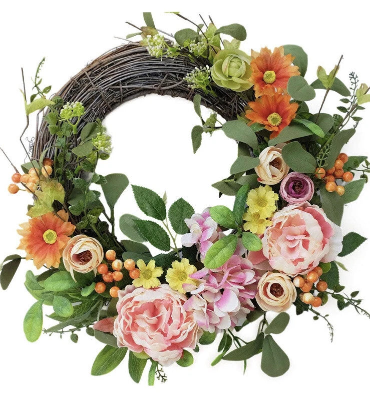 Bibelot 16 Inch Artificial Peonies Hydrangea Wreath Pink Peony Hydrangea Flowers Peony