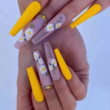 24 Press on nails Kit w Glue Sunflower yellow extra long gems matte clear flower Sunflower