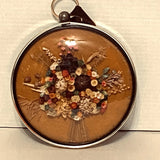 Vtg Wall Art Dried Flowers Convex Glass Round Frame Orange Velvet 7.5" Hanging Dried Flower
