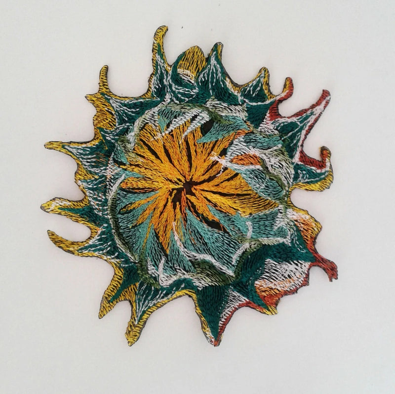 Small embroidered sew-on sunflower patch with teal leaves and yellow-orange petals