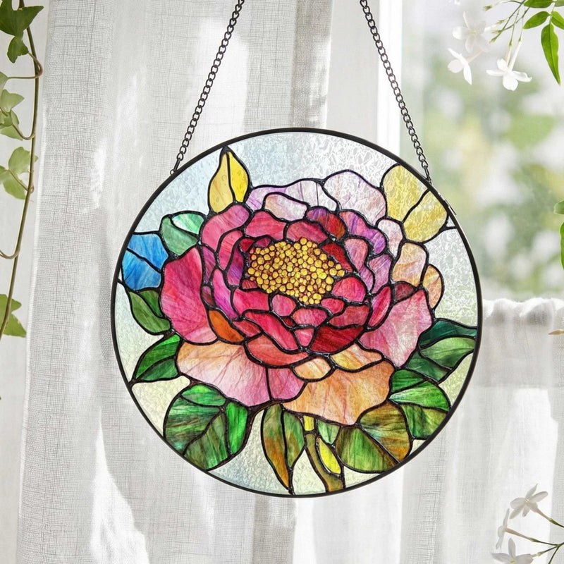 Round peony stained glass suncatcher with hanging chain, colorful flower design