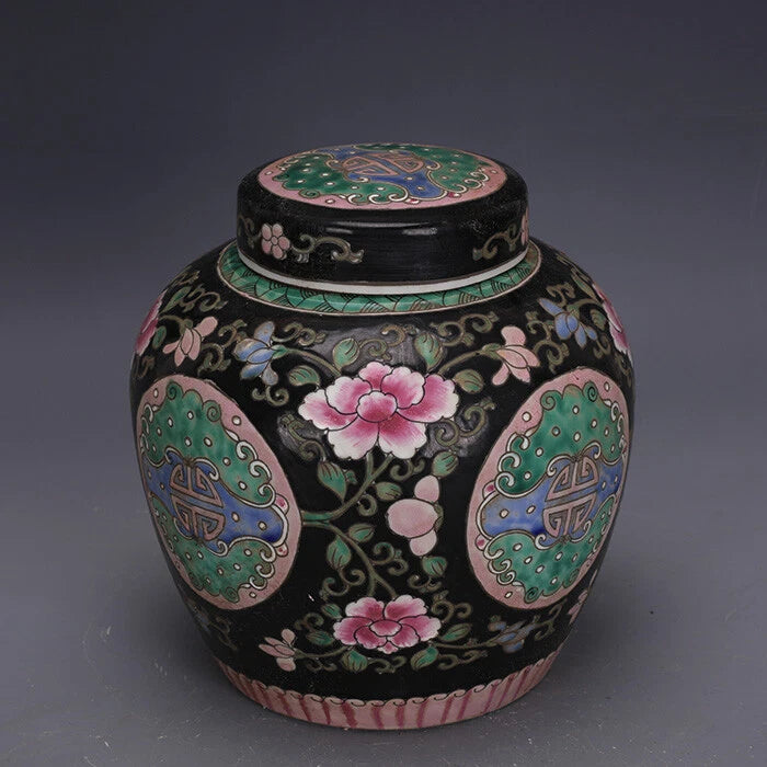 8" Good Chinese Dark Background Porcelain Peony Flower Pattern Pots Peony