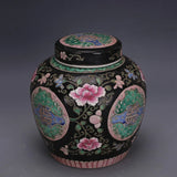 8" Good Chinese Dark Background Porcelain Peony Flower Pattern Pots Peony