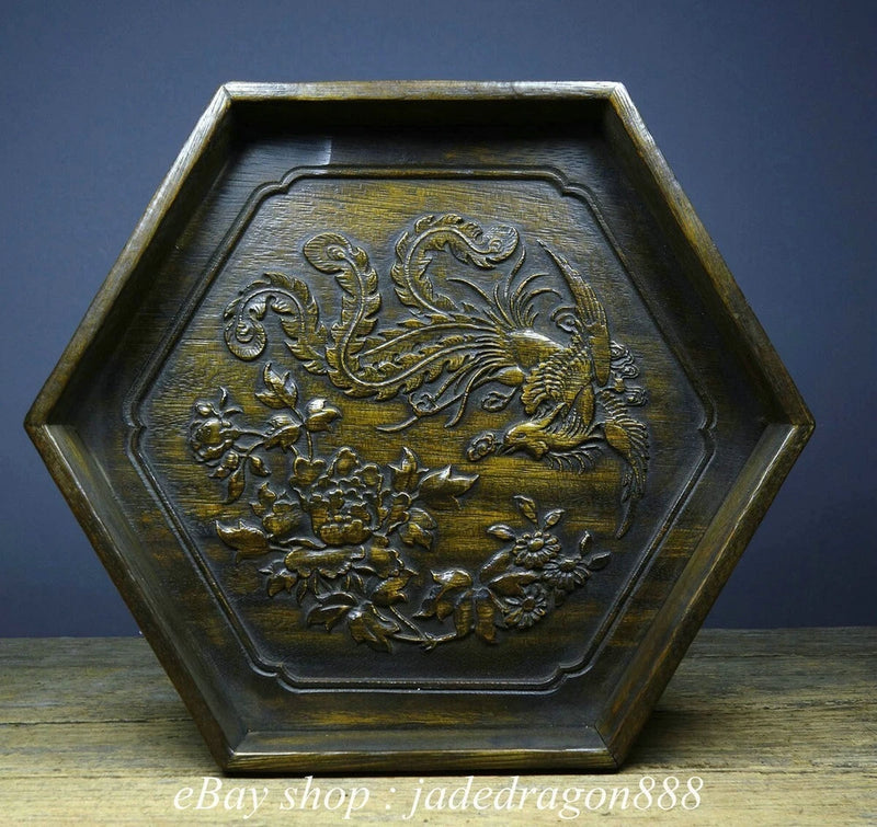 Wood-carved octagonal decorative tray with phoenix and peony relief