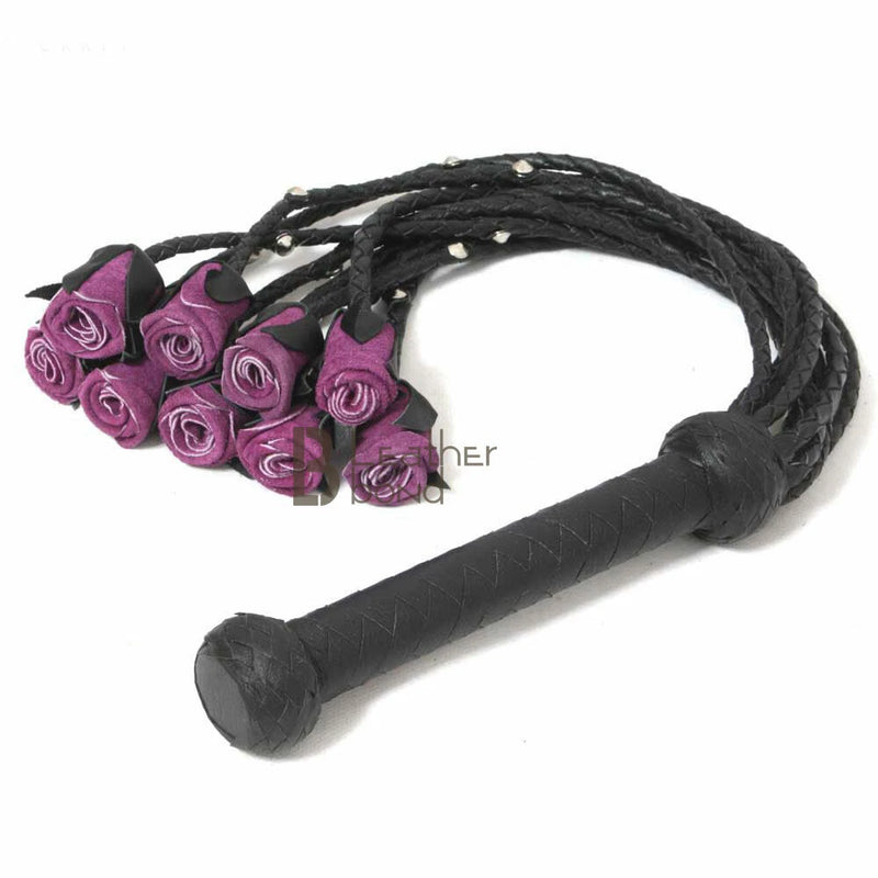 Purple rose leather flogger with braided black handle and studded rose ends