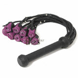 Real Genuine Cow Hide Leather Flogger 9 Braided Falls Heavy Purple Roses & Studs Roses