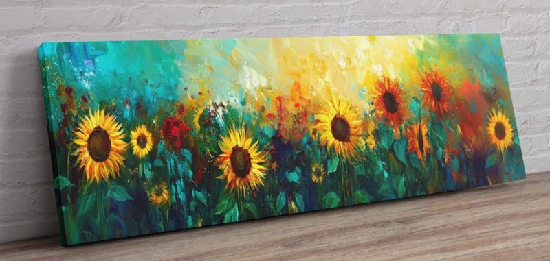 Panoramic framed sunflower canvas wall art with yellow flowers and green stems