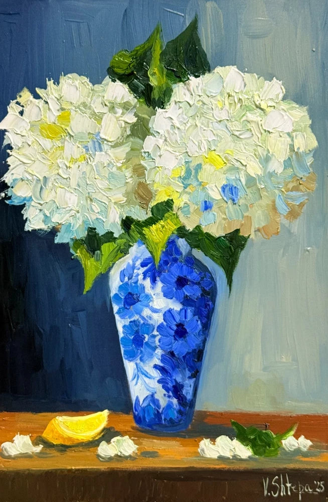 Hydrangea Floral Original Oil Painting Art Impasto Flower Still Life 8x12 in Hydrangea