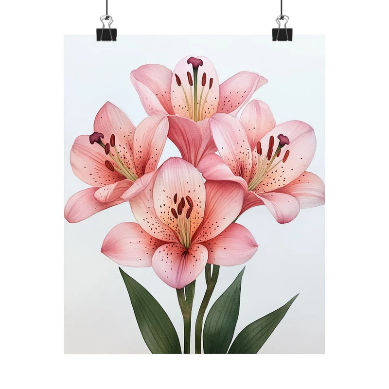 Pink lily flower art print poster with three lilies and green leaves