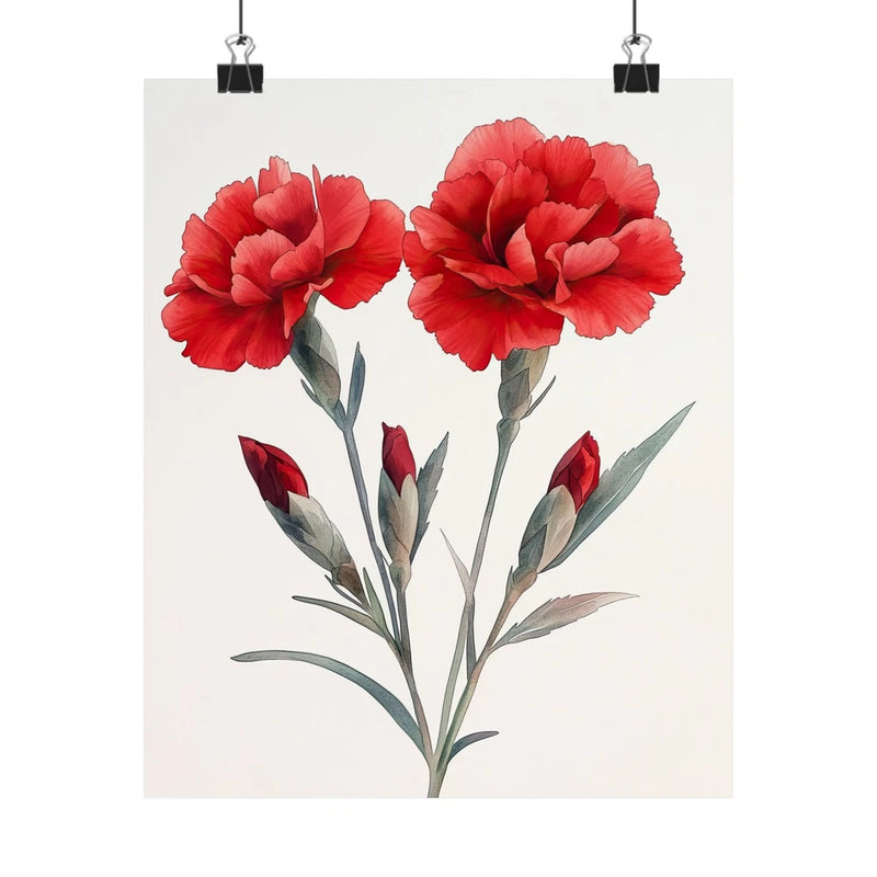 Minimalist flower art print poster with red carnations and green leaves.