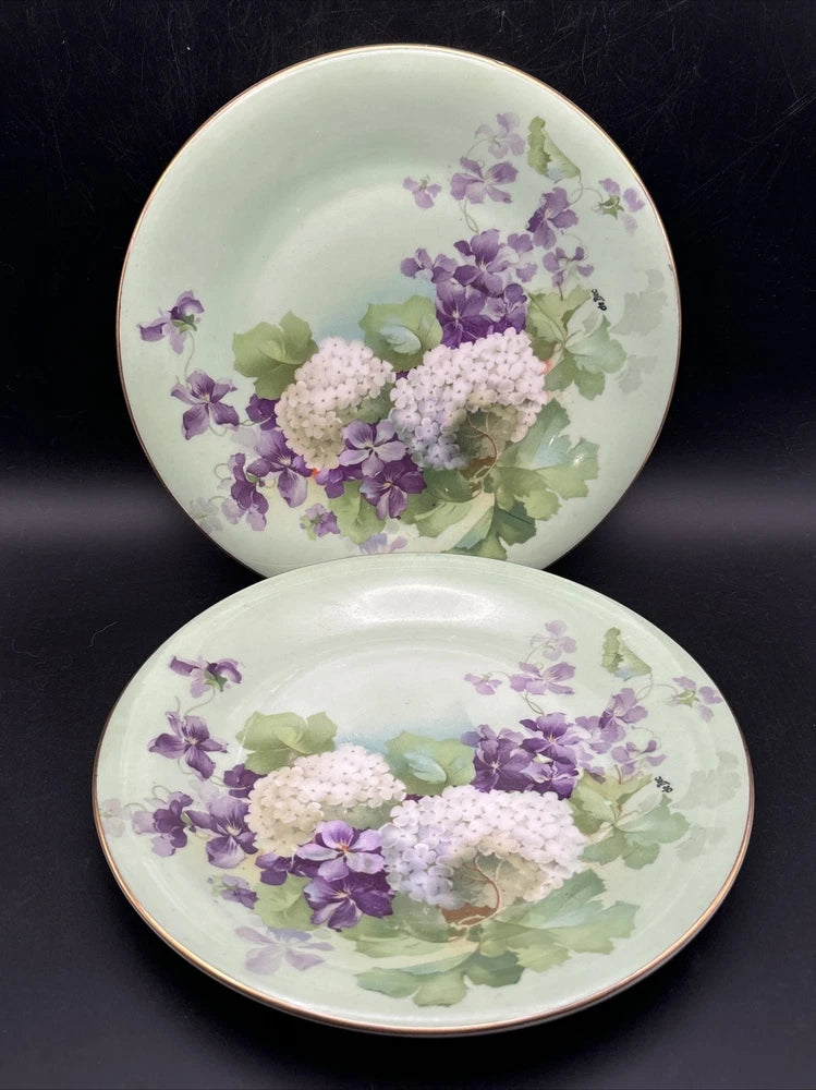 2 Vtg Side Salad Dessert Plates Green Hydrangea Purple Flowers Imperial Germany Hydrangea
