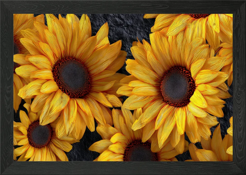 Framed canvas wall art with three yellow sunflowers on dark textured background