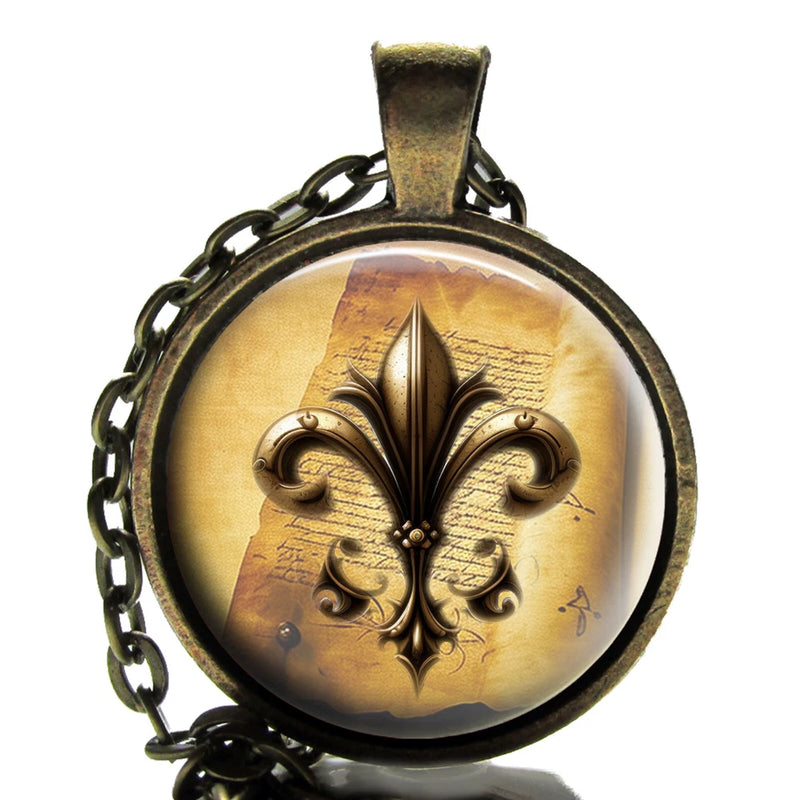 Fleur de Lis Flower of the Lily Glass Top Pendant Necklace 24" Bronza Lily