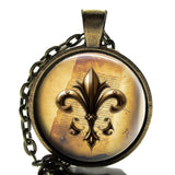 Fleur de Lis Flower of the Lily Glass Top Pendant Necklace 24" Bronza Lily