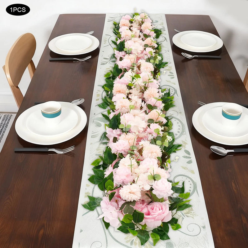 Artificial peony flower table runner centerpiece with pink blooms and green leaves
