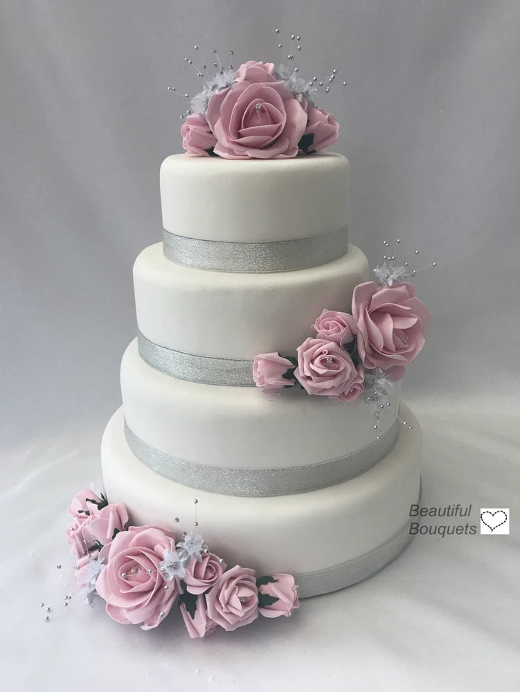 Rose cake topper with pink faux flowers and rhinestone sparkle accents