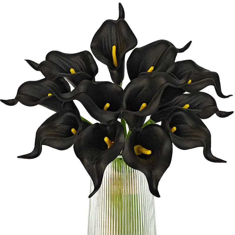 Artificial black calla lily flower bundle with yellow stamens, 12-piece bouquet decor